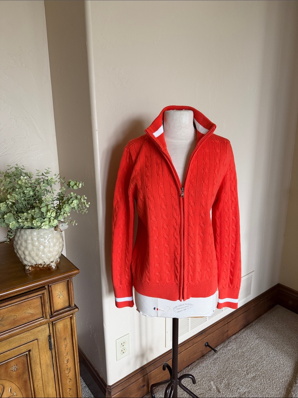 LRL Tangerine and White Striped Knit Zip Sweater